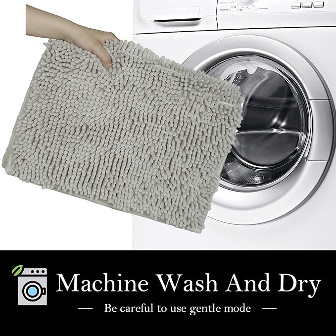 Bathroom Rugs Chenille Bath mat 2 Piece Set, Super Absorbent, Strong PVC Non Slip Backing, Bath mats for Bathroom, Plush Shaggy, Thick, Machine Washable, Bathtub, Toilet.(Light Grey)