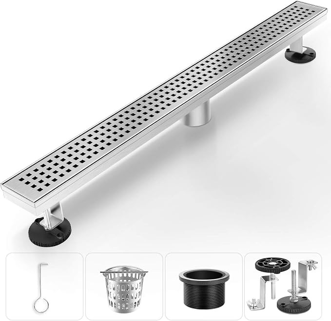 Shower Drain, Linear Shower Drain 12 Inch(Brushed Nickel), Modern 304 Stainless Steel Shower Floor Drain with Grate Removable, Adjustable Leveling Feet