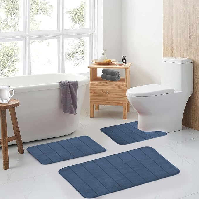 Memory Foam Bath Rug Set 3 Piece Non-Slip Mats,Absorbent Shaggy Super Soft U-Shaped Toilet Rug,Bathroom Carpets for Tub,Shower,Blue