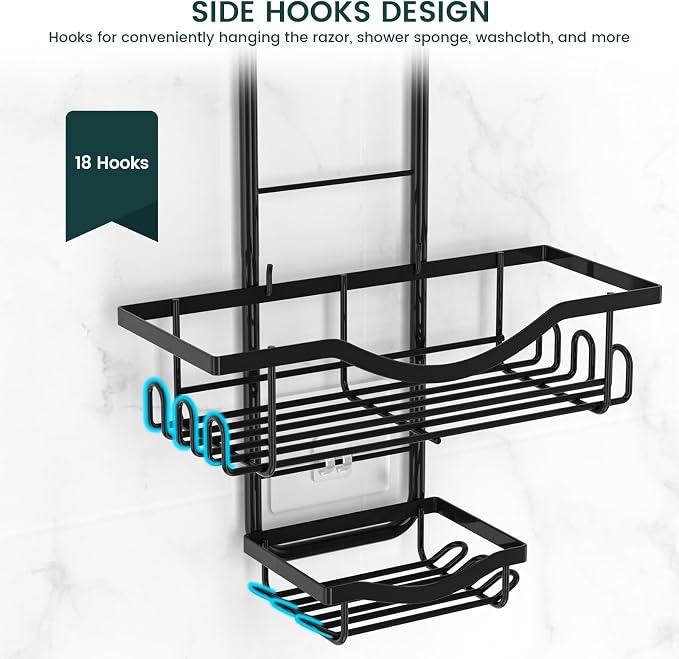REINHARDT Adjustable Shower Caddy Hanging Rustproof Shower Organizer, Black | Extra Long, No Drilling, Anti-Slip, Shower Caddy Over Showerhead, Fast Draining, Soap Holder, 12 Hooks, Bathroom Accessories