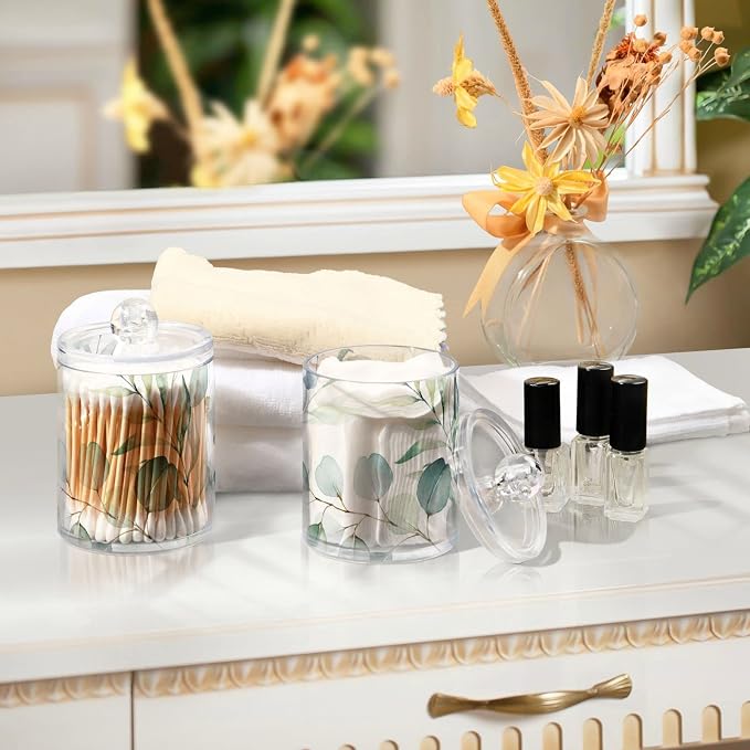 2 Pack Qtip Holder Dispenser for Cotton Ball Watercolor Green Eucalyptus Leaves Cotton Swab Round Pads Clear Plastic Acrylic Jar Set Bathroom Canister