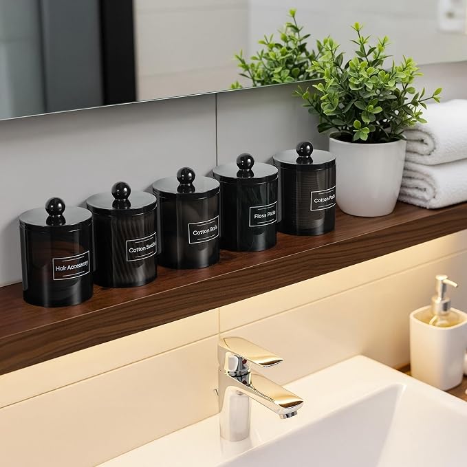 2 Pack Acrylic Qtip Holder Dispenser for Cotton Swabs, Balls, Floss Picks | Thick, Clear Black, w/ Labels - Small Canister Apothecary Jar Set, Bathroom Decor Essentials, Shelf Vanity Storage Organizer