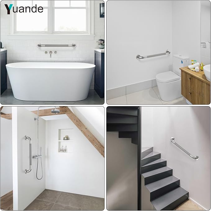24 Inch Anti Slip Shower Grab Bar, YuanDe Brushed Nickel Stainless Steel Bath Grab Bar, Knurled Bathroom Safety Rail, Shower Handrail Support, Handicap Elderly Balance Assist Handles-1.25" Diameter