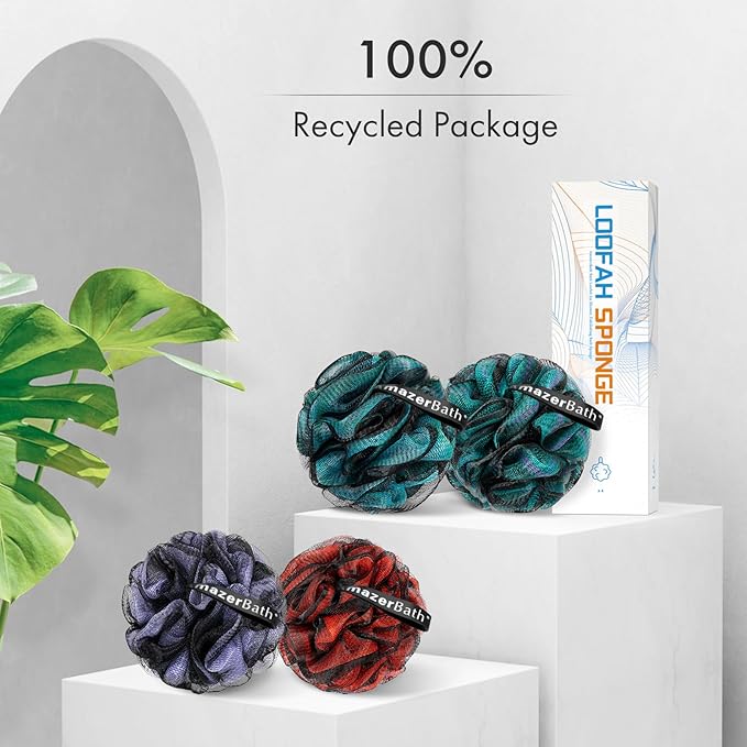 AmazerBath Charcoal Loofah Sponge, Shower Loofah 60g/PCS - Body Scrubber Loofa Set of 4 - Charcoal Blue, Green, Purple & Red, Bath Sponge for Men and Women (Pack of 3)
