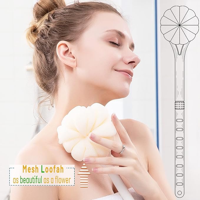 Shower Body Brush,Soft Bristles & Loofah Back Scrubber Bath Mesh Sponge | Beautiful Pumpkin Shape Loofah Long Handle Shower Brush for Skin Exfoliating,Massage Bristles for Wet,Dry,Men and Women(Grey)
