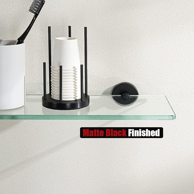 JQK Bathroom Glass Shelf Black, Tempered Glass Shower Storage 20 by 5 inches, 304 Stainless Steel Matte Black Wall Mount, TGS101L20-PB