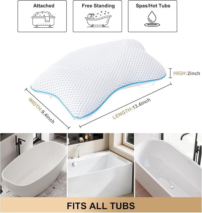 Non Slip Bath Pillow, Luxury Spa Bathtub Head & Neck Rest Support, Permeable Quick Drying Air Mesh Tub Pillow with 4 Large Suction Cups, Fits Any Tubs, Soft and Relaxing (White)