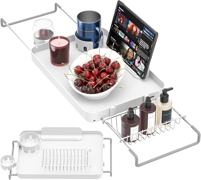 Bathtub Tray for Large Soaking Tub Table Tray Expandable Tub Shelf for Bathtub Caddy Bath Shelf Over Tub Luxury Bath Board Book Holder with Removable 2 Cup Holder Phone Metal Shower Caddy Basket White