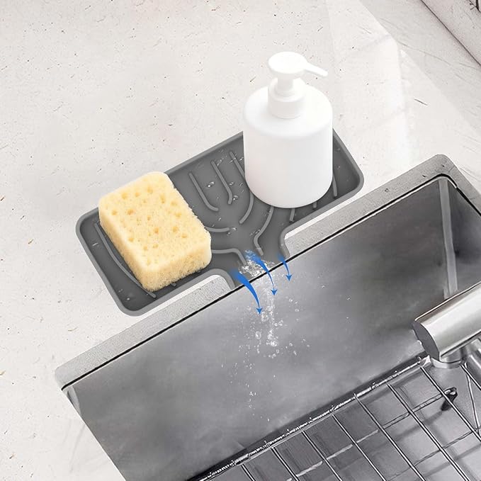 JACZZO Silicone Sponge Holder for Kitchen Sink, (10x4 In) Sink Caddy with Drain Spout, Self Draining Soap Tray & Organizer, Kitchen Accessories,Bathroom Organizer, Easy to Clean (Grey)