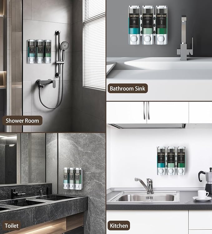 Luxspire Shampoo and Conditioner Dispenser, Shower Soap Dispenser 3-Chamber | Lockable Large Capacity 900ml No-Drill Wall-Mounted Shampoo and Body Wash Dispenser for Bathroom Hotel Kitchen Airbnb
