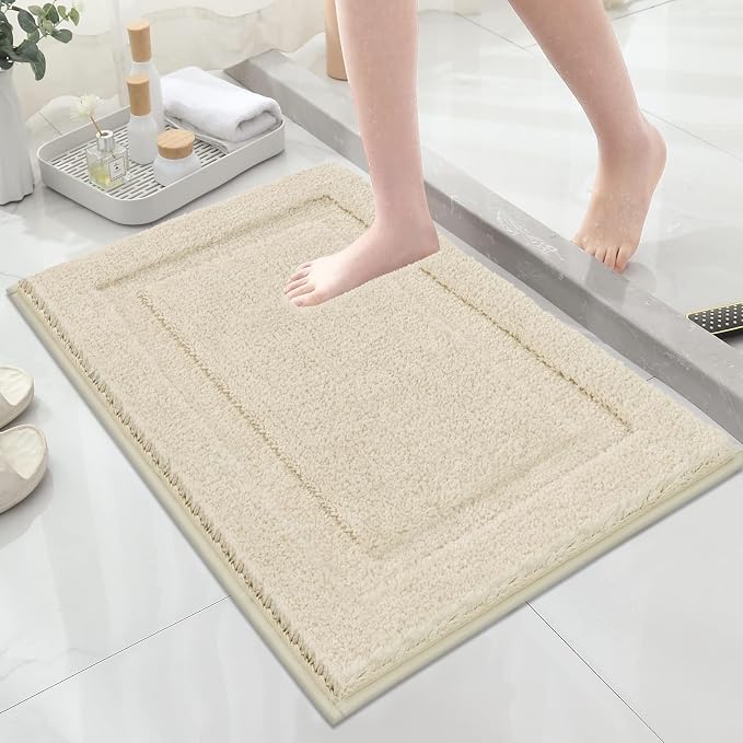 SHACOS Soft Microfiber Bathroom Rugs Set 2 Pieces with Toilet Rug | Absorbent Plush Bath Mat U Shaped Contour Bath Rug, Non Slip Washable Fluffy Bathroom Floor Mats, 32x20+24x20, Light Beige