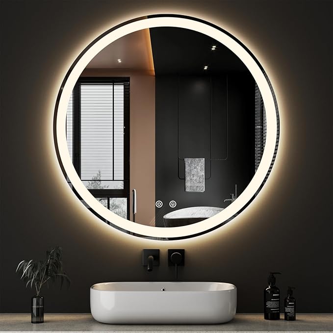 DUMOS 36 Inch Round LED Bathroom Mirror with Lights, Circle Vanity Mirror | Anti-Fog, Dimmable, 3-Color Light, Front Light and Backlit, Memory Function, Tempered Glass