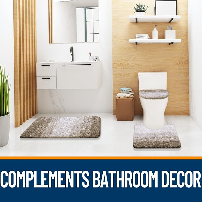 OLANLY Bathroom Rugs Sets 3 piece, Soft Microfiber Absorbent Bath Mat, U-Shaped Contour Toilet Mat and Toilet Lid Cover, Quick Dry, Machine Washable, Toilet Cover and Rug Set for Bathroom, Coffee