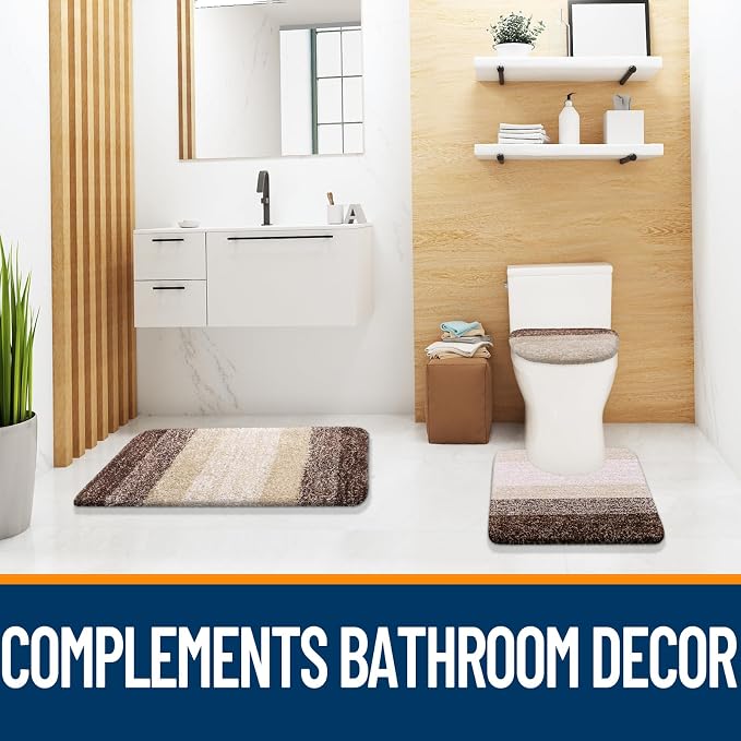 OLANLY Bathroom Rugs Sets 3 piece, Soft Microfiber Absorbent Bath Mat, U-Shaped Contour Toilet Mat and Toilet Lid Cover, Quick Dry, Machine Washable, Toilet Cover and Rug Set for Bathroom, Brown