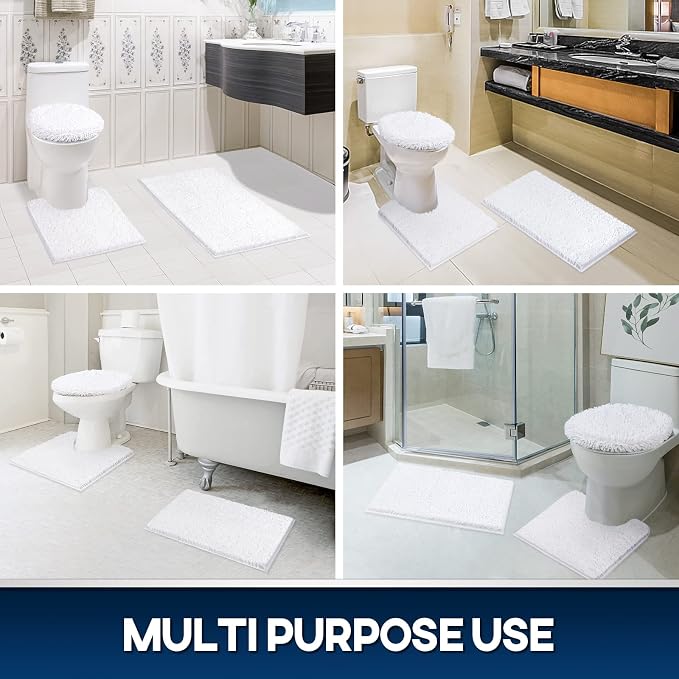 TREETONE Chenille Bath Mat 3 Piece Bathroom Rugs Set, 20x20 Inchs U-Shape Contoured Toilet Mat & 20x32 Inchs Rug & Lid Cover, Soft, Water Absorbent Plush Rugs for Tub Shower & Bath Room -White | 3 Mats-20"x32"/Contour/Lid Cover, White, Rubber Backing, ...