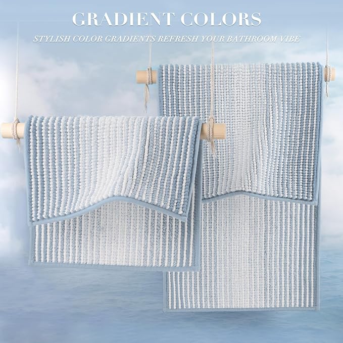 BSICPRO Large Bathroom Rugs Runner, 22x60 Striped Bath Mats, Ice Blue | Non Slip Chenille Backing, Extra Soft Absorbent, Quick Dry Machine Washable, Shower Rug for Bathroom Bedroom Decor