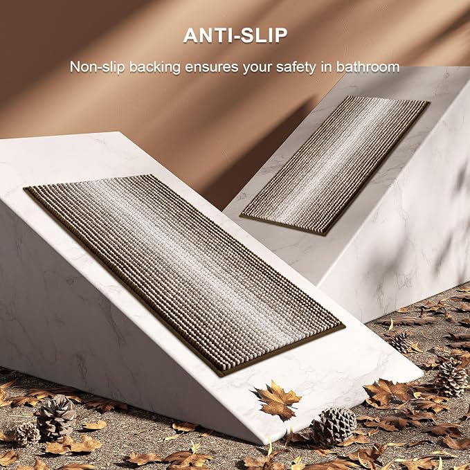 BSICPRO Bathroom Rugs Sets 2 Piece, Non Slip Striped Bath Mats, Brown | 24"x70" Plus 20"x32", Soft Absorbent Chenille, Quick Dry Machine Washable, Shower Rug for Bathroom Floor, Tub, Bedroom Decor