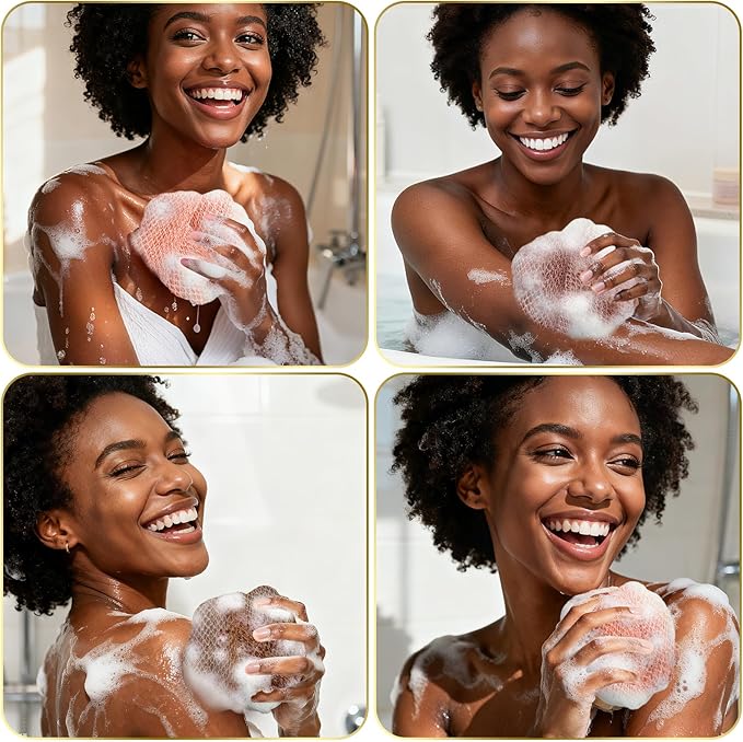 UJFQBH African Net Sponge Authentic, Exfoliating Body Scrubber for Back and Hard to Reach Areas, Gentle Daily Exfoliation for Deep Cleansing, Quick Drying Shower Essential, Rosewood 3 Pack