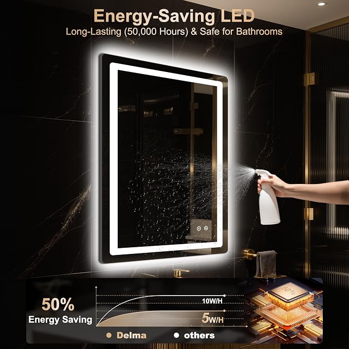 Delma 32x24 LED Bathroom Vanity Mirror with Lights, Anti-Fog, Dimmable | Front & Backlit with 3 Color Modes and Memory, 5mm Shatterproof Glass, Plug-in or Hardwired, Horizontal or Vertical