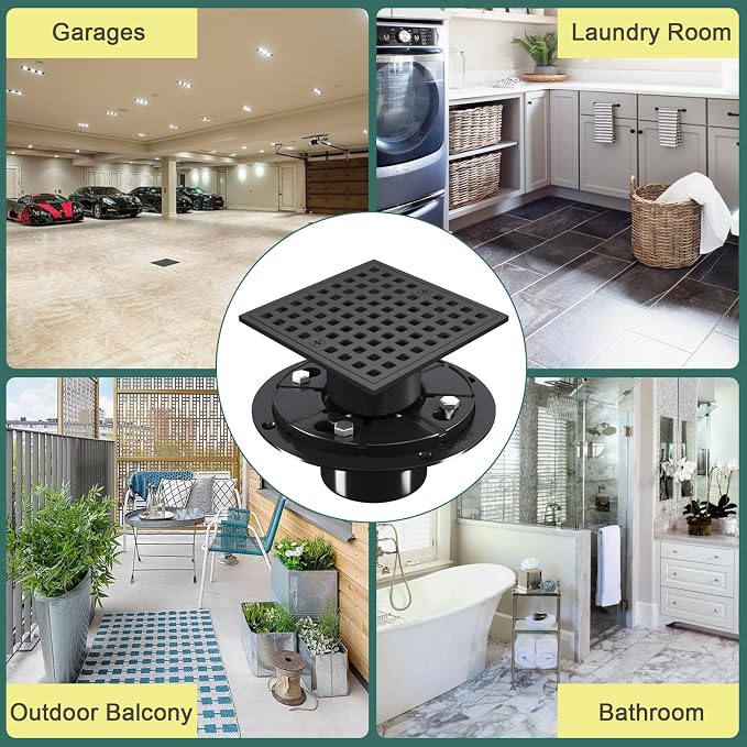4 Inch Shower Floor Drain with Flange - Square Shower Drain with Hair Strainer - Removable Grid Strainer Cover - SUS304 Stainless Steel - Matte Black