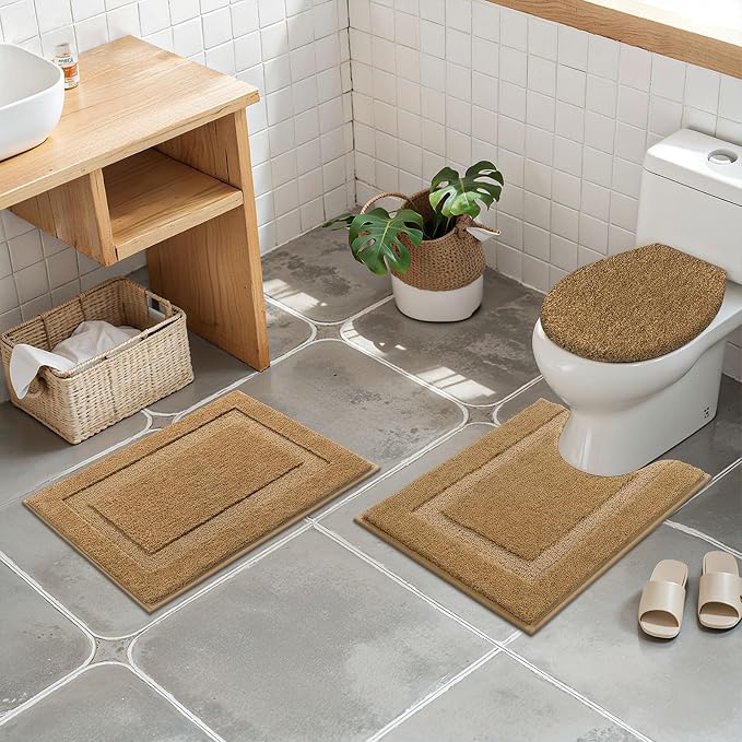 SHACOS Microfiber Bathroom Rugs Set of 3 with Toilet Lid Cover Non Slip | Washable Bath Mat Absorbent Bathroom Carpet 16"x24"+U Shape Toilet Rug 20"x24"+Toilet Lid Cover 19"x21", Mustard
