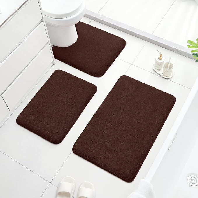 HOMEIDEAS 3 Piece Bathroom Rugs Set, Brown 17"x24"+20"x32"+20"x24" | Memory Foam, Ultra Soft, Super Absorbent Bath Mats, Non Slip Backing, U Shaped Toilet Rug for Bathroom, Tub and Shower