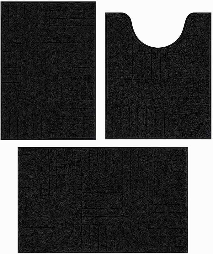 Vaukki Black Bathroom Rugs Sets 3 Piece, 32x20+26x18+24x20 Inch | Washable Non Slip Soft Bath Mats for Shower and Tub, Plush Absorbent Microfiber Toilet Rug U Shaped