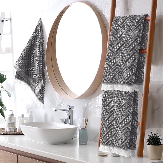 HunnmingRe 4 Pack Boho Hand Towel for Bathroom Kitchen 14x30 Inch 100% Turkish Cotton Summer Boho Decorative Towel Waffle Farmhouse Bathroom Decor Absorbent Soft Guest Gift(Gray,White)