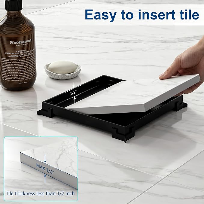 Neodrain Square Shower Drain with Removable Tile Insert Grate,304 Stainless Steel, CUPC Certified, Includes Hair Strainer (Matte Black, 8 in)