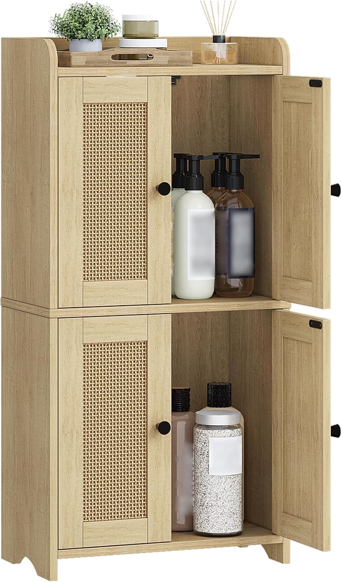 HEXCELEN Small Storage Cabinet, Bathroom Storage Cabinet with 4 Doors, Floor Bathroom Organizer Freestanding for Small Spaces, Living Room, Kitchen, Entryway (Streamlined American, Yellow)