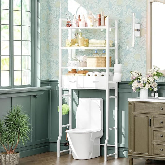 Simple Trending 4 Tier Over The Toilet Storage with Drawers, Heavy Duty Bathroom Stand Organizer Metal Shelves for Laundry, White