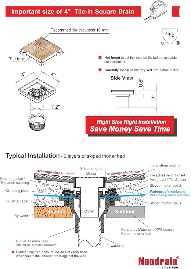 Neodrain Square Shower Drain with Removable Tile Insert Grate,304 Stainless Steel, CUPC Certified, Includes Hair Strainer (Brushed, 4 in)