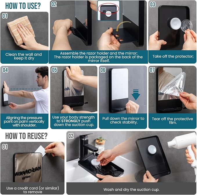TAILI Shower Mirror Fogless for Shaving,Fogless Mirror Suction Wall Mounted | Shower Mirror Fogless, Shaving Mirrors, Removable & Reusable, Wall Mount, Razor Holder Storage, Bathroom Accessories K9