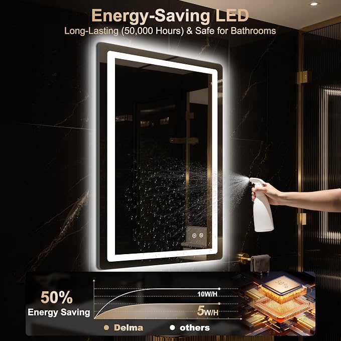 Delma 36x24 LED Bathroom Vanity Mirror with Lights, Anti-Fog, Dimmable | Front & Backlit with 3 Color Modes and Memory, 5mm Shatterproof Glass, Plug-in or Hardwired, Horizontal or Vertical