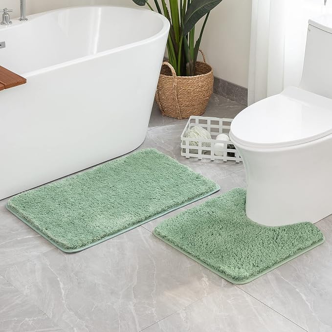 MIULEE Sage Green Bathroom Rugs Set 2 Piece Soft Bath Mats 20x20+20x32 Inch | Absorbent Microfiber Bath Mat and U-Shaped Toilet Rug, Non Slip, Quick Dry, for Bathroom Floor Tub Showers, Machine Washable