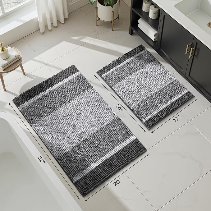HOMEIDEAS Grey Bathroom Rugs Set of 2, Striped Chenille, 20"x32"+17"x24" | Non Slip Absorbent Bath Mats, Fluffy Striped Chenille Soft Shaggy Bath Rugs for Bathroom Floor and Tub, Machine Washable