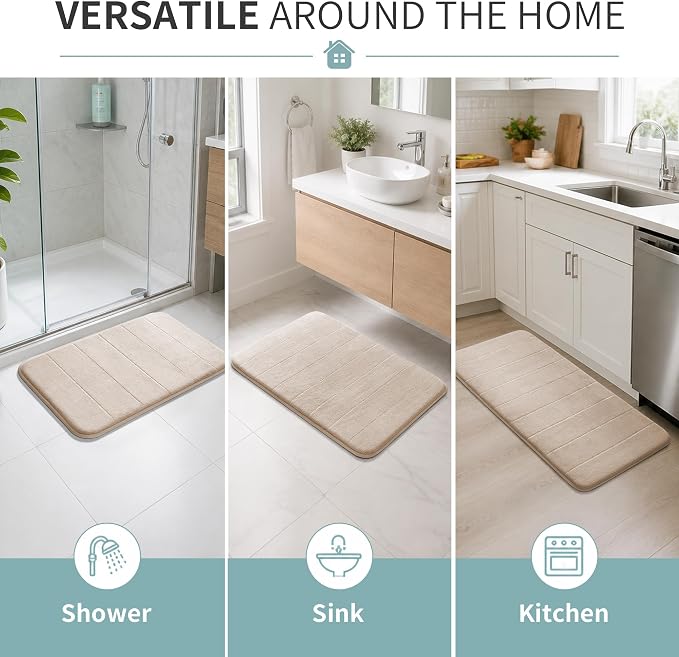 Yimobra Memory Foam Bath Mat, Soft Absorbent Bathroom Rug, 24x17, Beige | Non Slip Backing, Quick Dry, Machine Washable Bath Rug for Tub & Shower Areas, Durable Design That Complements Bathroom Decor