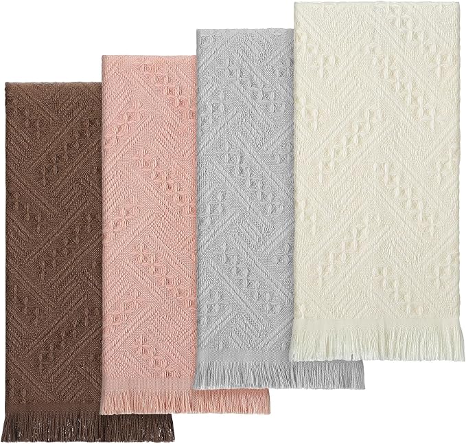 HunnmingRe 4 Pack Boho Hand Towel for Kitchen,Beige, Gray, Curry, Pink | 14x30 Inch, 100% Turkish Cotton, Summer Boho Decorative ,Towel Waffle ,Farmhouse Decor ,Absorbent Soft ,Guest Gift
