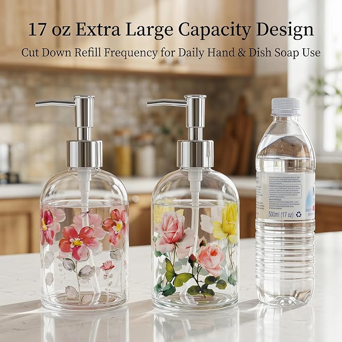 Topadorn Hand and Dish Soap Dispenser Set, 2 Pack 17oz Glass Soap Dispensers with Pump, Refillable Kitchen Soap Bottles, Coordinated Floral Bathroom Counter Decor