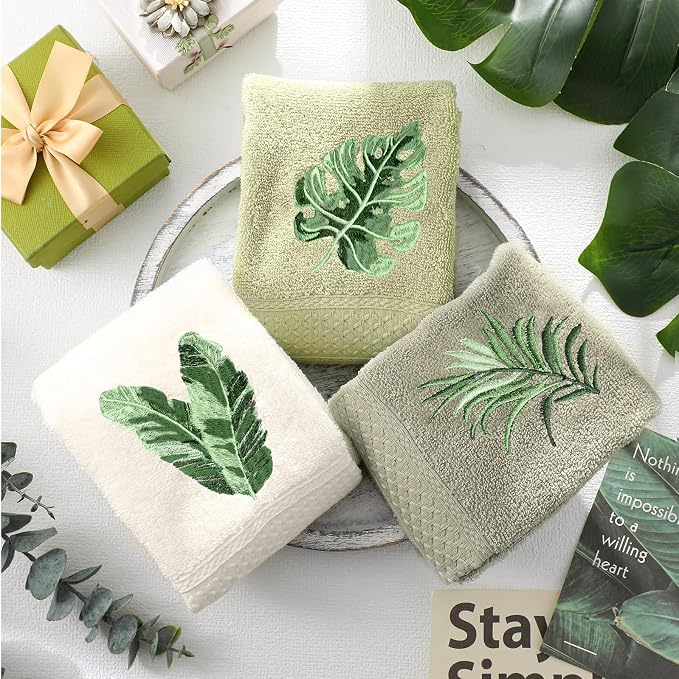 3 Pcs Sage Green Hand Towels Tropical Bathroom Kitchen Decor | Embroidered Tropical Leaves Design, 100% Cotton, Summer Bathroom Kitchen Decor, Absorbent Towels, Holiday Housewarming Gifts