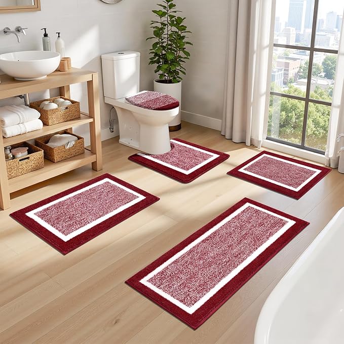 Pauwer Bathroom Rugs Set 5 Piece, Non Slip Microfiber Bath Mat, Red | Washable Bathroom Mat with U Shaped Toilet Rug, Long Shower Runner, Toilet Lid Cover, Quick Dry Absorbent Plush Floor Carpet