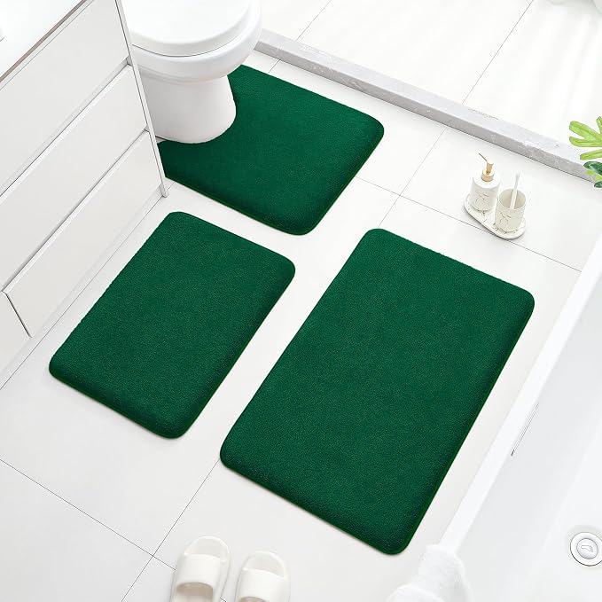 HOMEIDEAS 3 Piece Bathroom Rugs Set, Dark Green 17"x24"+20"x32"+20"x24" | Memory Foam, Ultra Soft, Super Absorbent Bath Mats, Non Slip Backing, U Shaped Toilet Rug for Bathroom, Tub and Shower