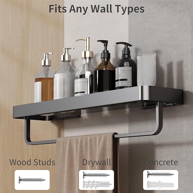 Danpoo 16-Inch Black Floating Bathroom Shelves with Towel Bar, Clear Tempered Glass Wall Shelf 2-Pack – Versatile Bathroom Organizer Set