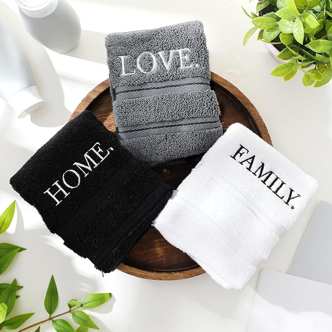 3 Pcs Hand Towels Bathroom Set,Black,Home Love Family | Embroidered Cotton Farmhouse Towels, Kitchen Decor, Rustic Boho Decorative with Text Labels, Guest Bath Home
