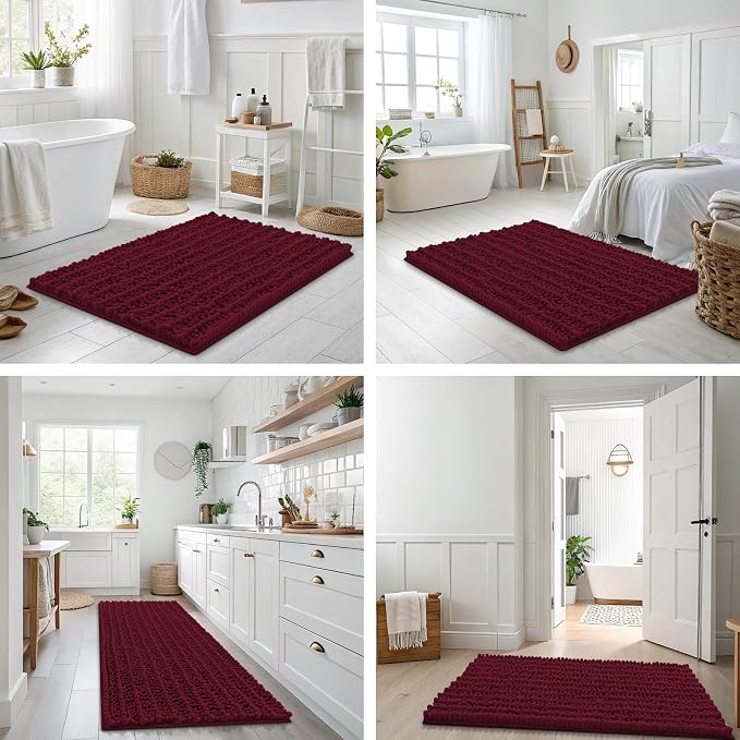 Smiry Bathroom Rugs 30X20, Extra Soft Rubber Backing Chenille Bath Mats | Burgundy Machine Washable Non Slip Quick Dry Bath Mats for Bathroom Floor, Tub, Shower, Home Decor Accessories