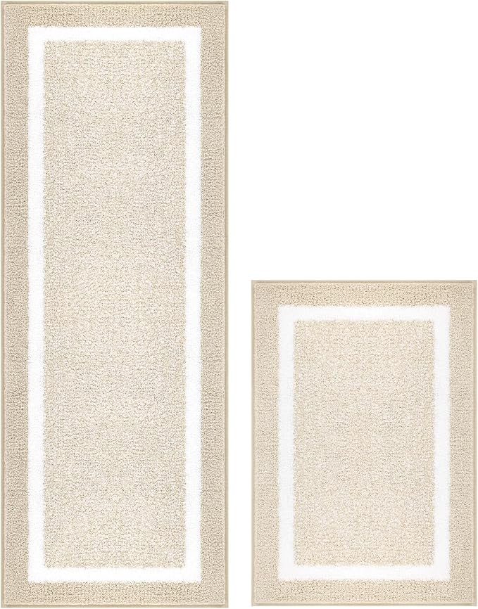 Pauwer Bathroom Rugs Sets 2 Piece, Non Slip Washable Bath Mat, Light Beige | Soft Plush Microfiber, Super Absorbent Floor Carpet, Quick Dry, Shaggy Shower Rug Runner