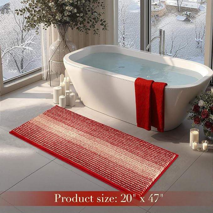 BSICPRO Large Bathroom Rugs Runner, 20x47 Chenille Bath Mats, Christmas Red | Extra Soft Absorbent, Non Slip Striped, Quick Dry Machine Washable, Shower Rug for Bathroom Bedroom Decor