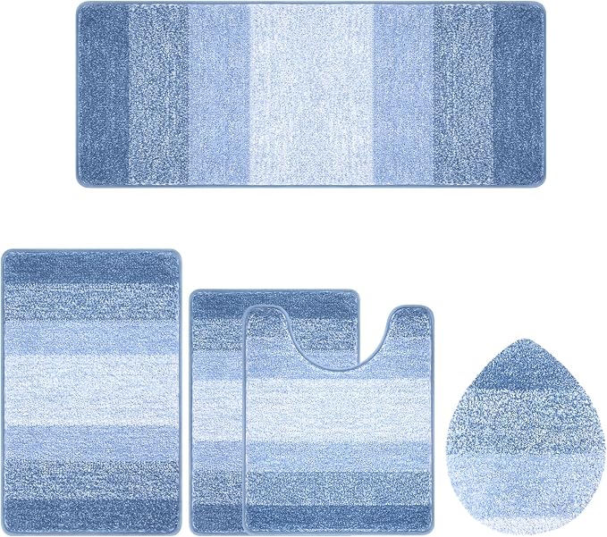 Bsmathom Bathroom Rug Set 5 Piece, Plush Microfiber Bath Mat, Light Blue | Extra Water Absorbent, Non Slip Washable Runner Bath Rugs with Toilet Lid Cover and U-shaped Contour Toilet Mat