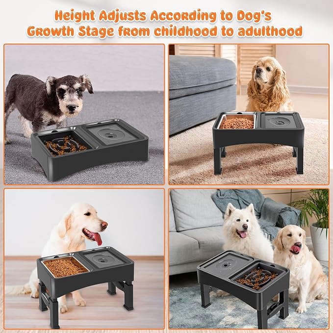 Decflow 3-in-1 Elevated Dog Bowls with 4 Height Adjustable Raised Stand | 304 Stainless Steel No Spill Water Bowl, Slow Feeder Dog Bowls, DIY Stickers, Pet Feeder Set for Small, Medium & Large Dogs