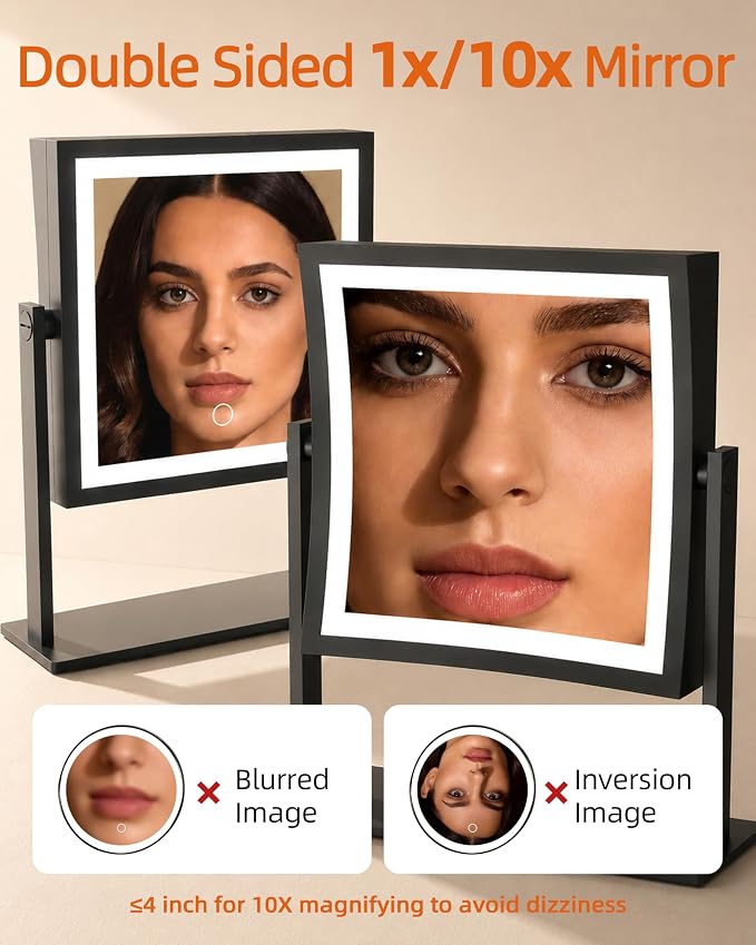 Ruacq Makeup Mirror with Lights, Dual Sided 1X/10X, Matte Black | 8",4000mAh Rechargeable, Magnifying Mirror with 3 Color Lights,Touch Control Dimmable, 360° Rotation, Square, Gift for Women